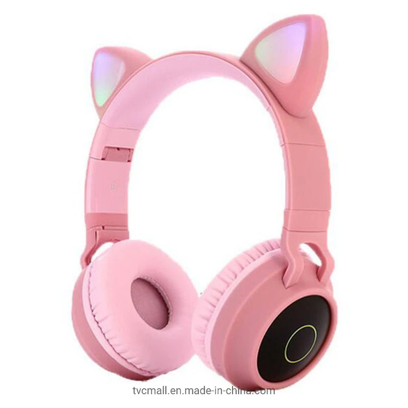 Foldable LED Headset Gaming Headphones Bluetooth 5.0 Young People Kids Headset Support TF Card 3.5mm Plug with Mic – Pink
