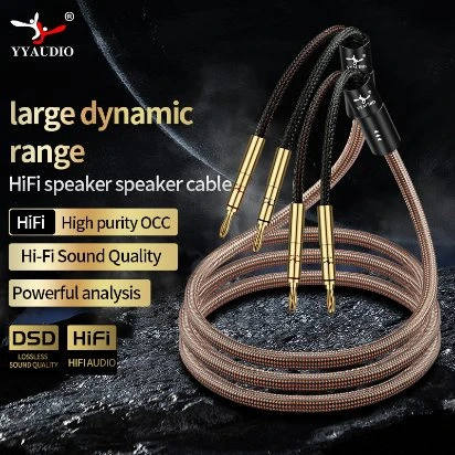 HIFI High Purity OCC with Tensile-resistant Material Woven Mesh Coverr and Pure Copper Golden-Plated Plug Speaker Cable