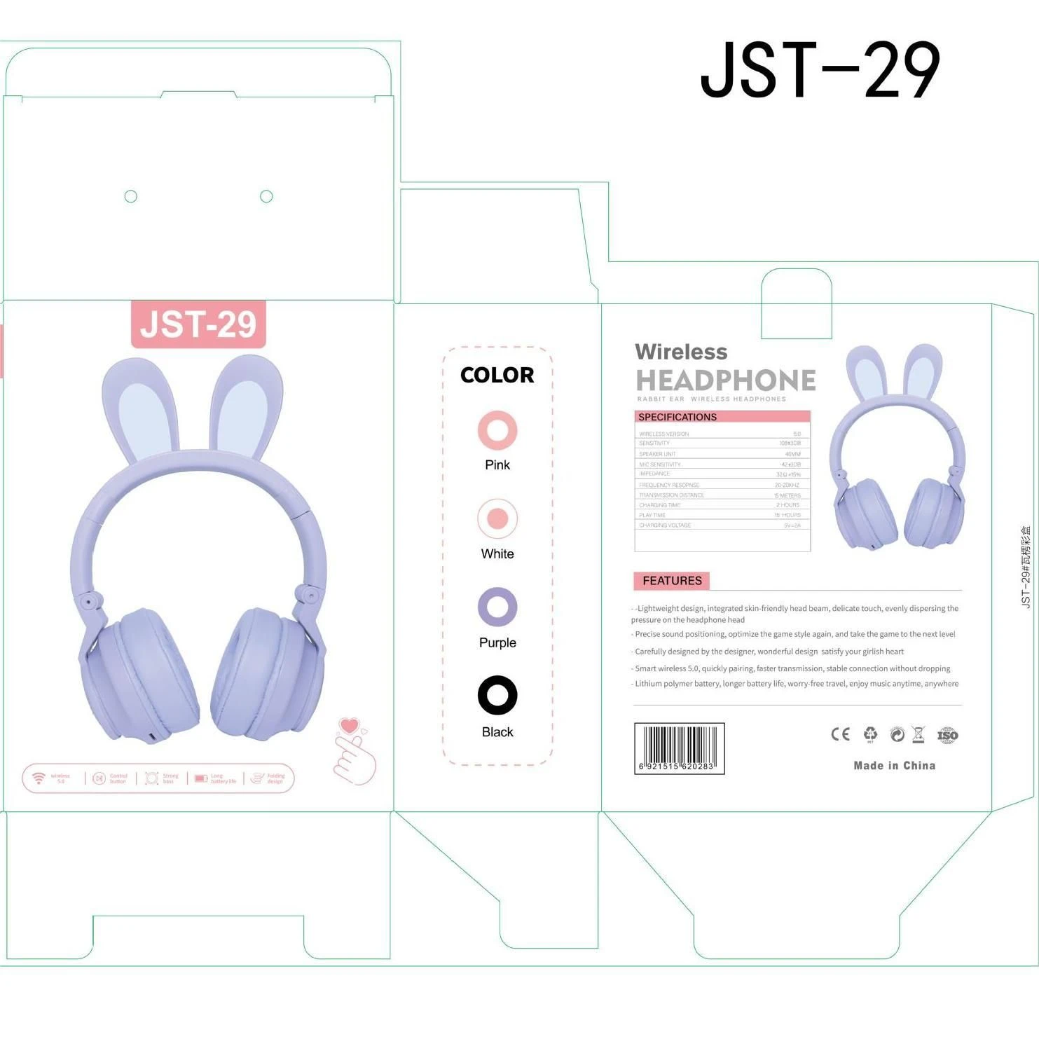 Headphone Wireless Headphone Bluetooth Headphone Cute Bluetooth Headphones Foldable Card-Insertable High-Quality Light-up Bunny-Ear Headphones for Kid