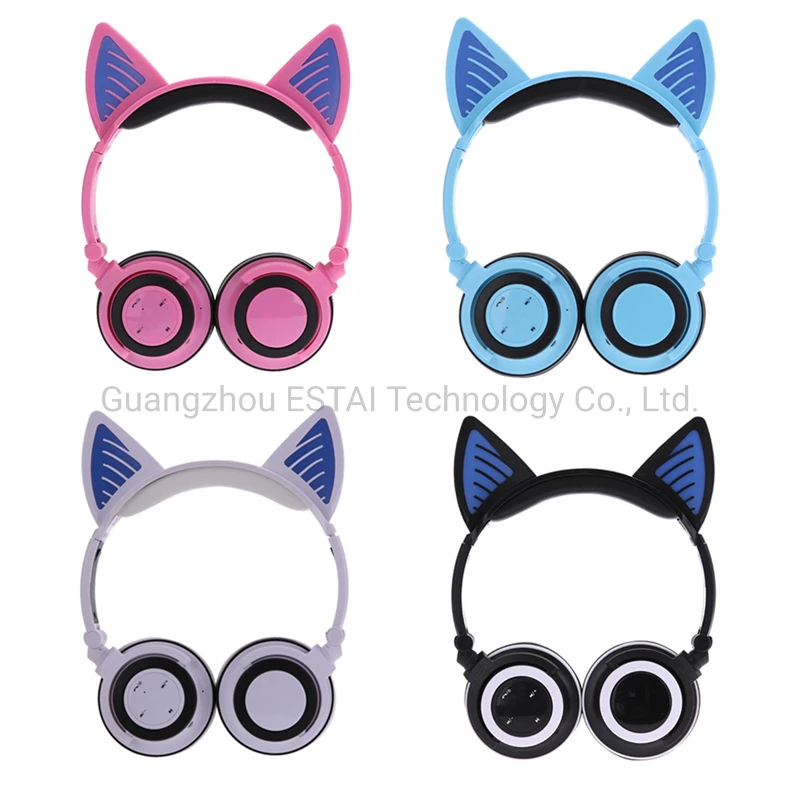 Headphones Glowing Cute LED Cat Ear Girls Gift Kids Headset Wireless HiFi Stereo Bass 3.5mm Plug with Mic