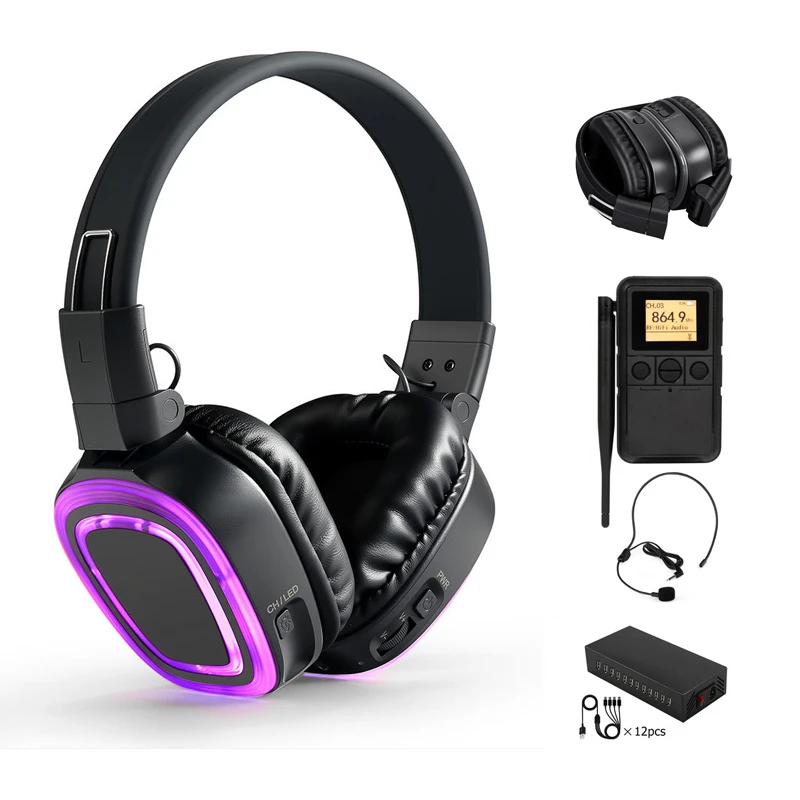 Hi-Fi Silent Disco Headphones System Kit with Transmitter Multi Channel for Party Event