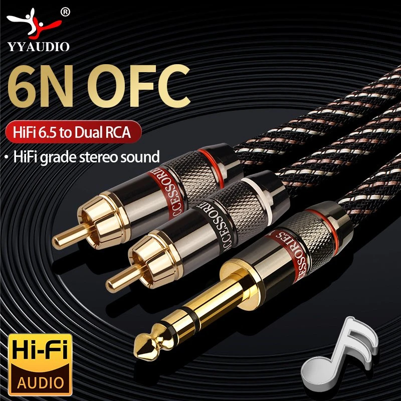 Hi-Fi Sound 6.35 to 2RCA Audio Cable Gold-Plated Connectors, 6N OFC Conductor, Anti-Interference Shielding for Studio & Live Use