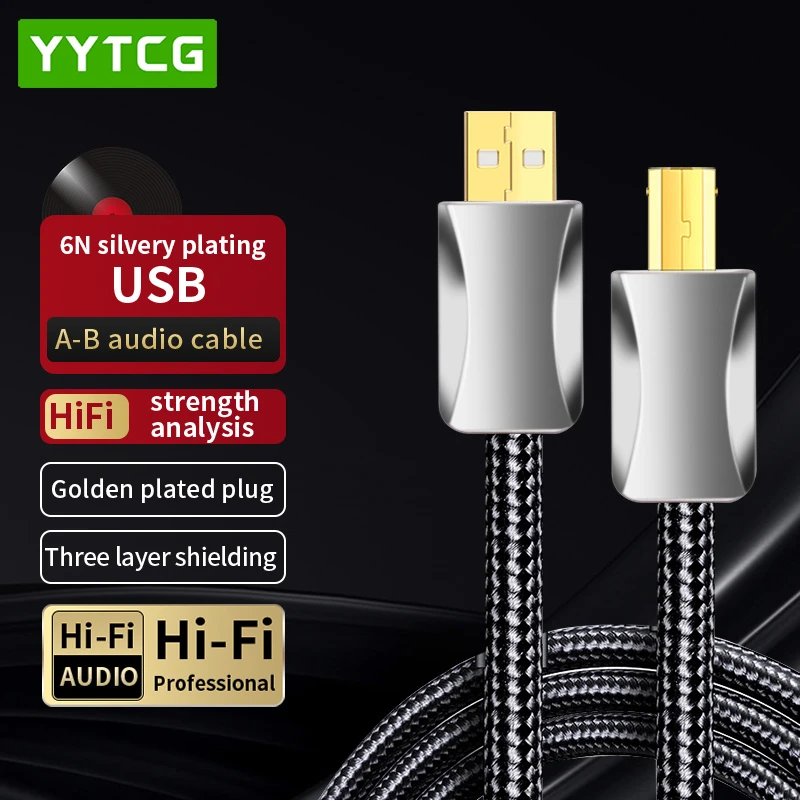 Hi-Fi USB A to B Audio Cable with 6N Silver-Plated Core Gold-Plated Connectors for DAC, Power Amp, Mixer & Computer