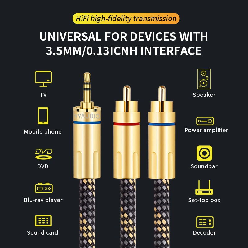 High-Density Woven Sleeve 3.5mm to 2RCA Audio Cable with Oxidation-Resistant Connectors for Decoder & Power Amp Use