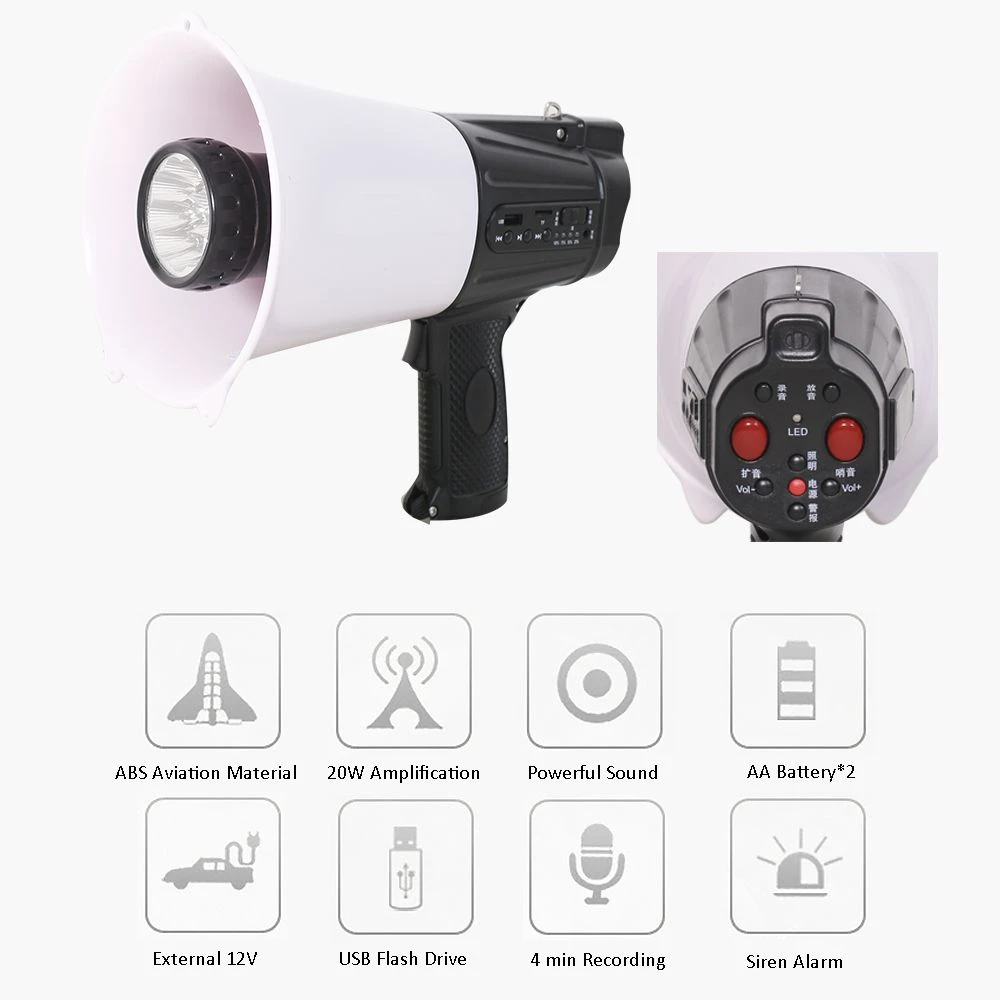 High Fidelity 20W Multipurpose Handy Megaphone with Torch, Support Talk/Record/Siren Alarm Function, Wireless Portable Megaphone