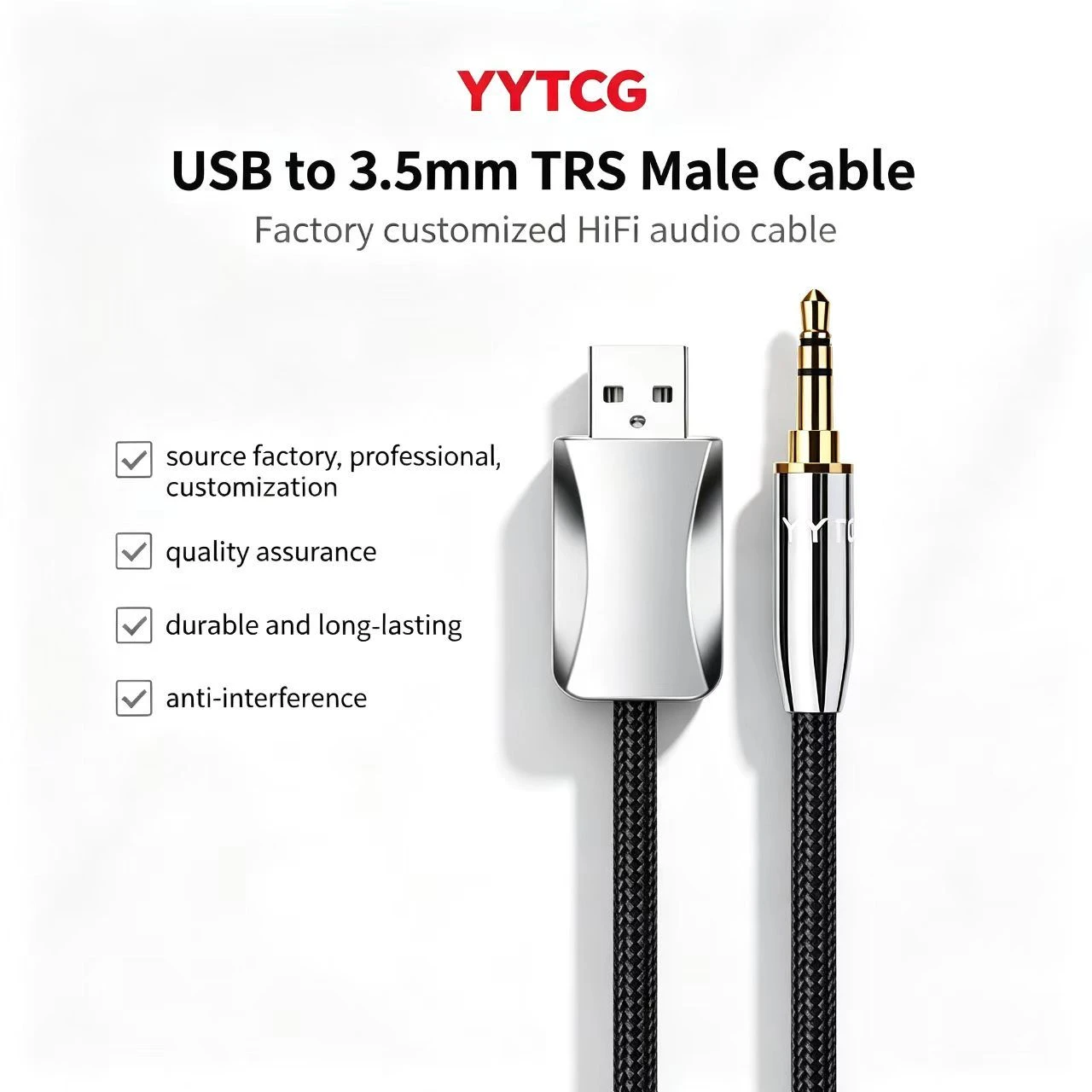 High Fidelity USB to 3.5mm Male AUX Cable for Desktop PC and Laptop with Metal Shielding Shell