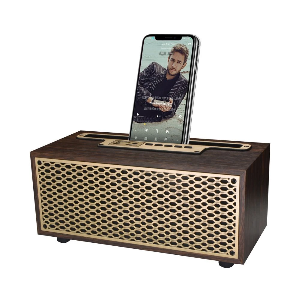 High Quality Outdoor Portable Retro Gift Stereo Wireless Subwoofer Radio Wood Grain Bluetooth Speaker with Mobile Phone Stand Speaker