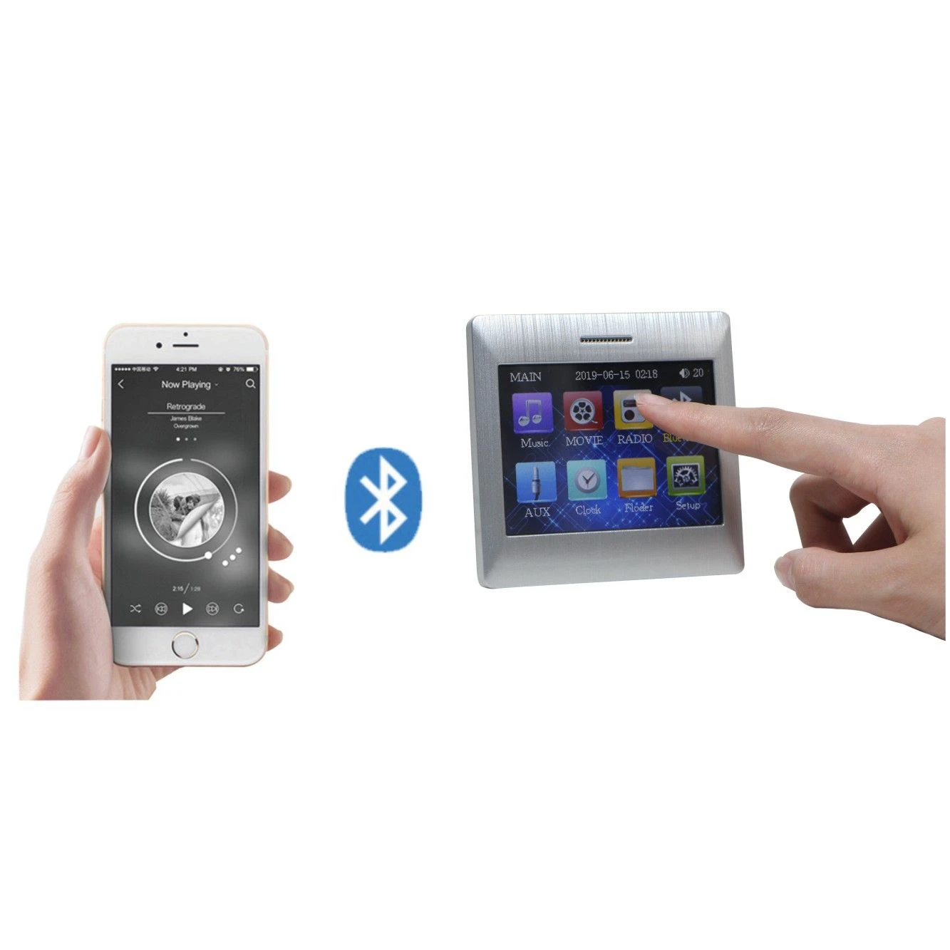 Home Audio Background Music Systemtouch Screen Bluetooth in Wall Audio Amplifier with Wireless Remote Control, Supports USB,SD,Aux,FM Radio,Can Power 8 Speakers
