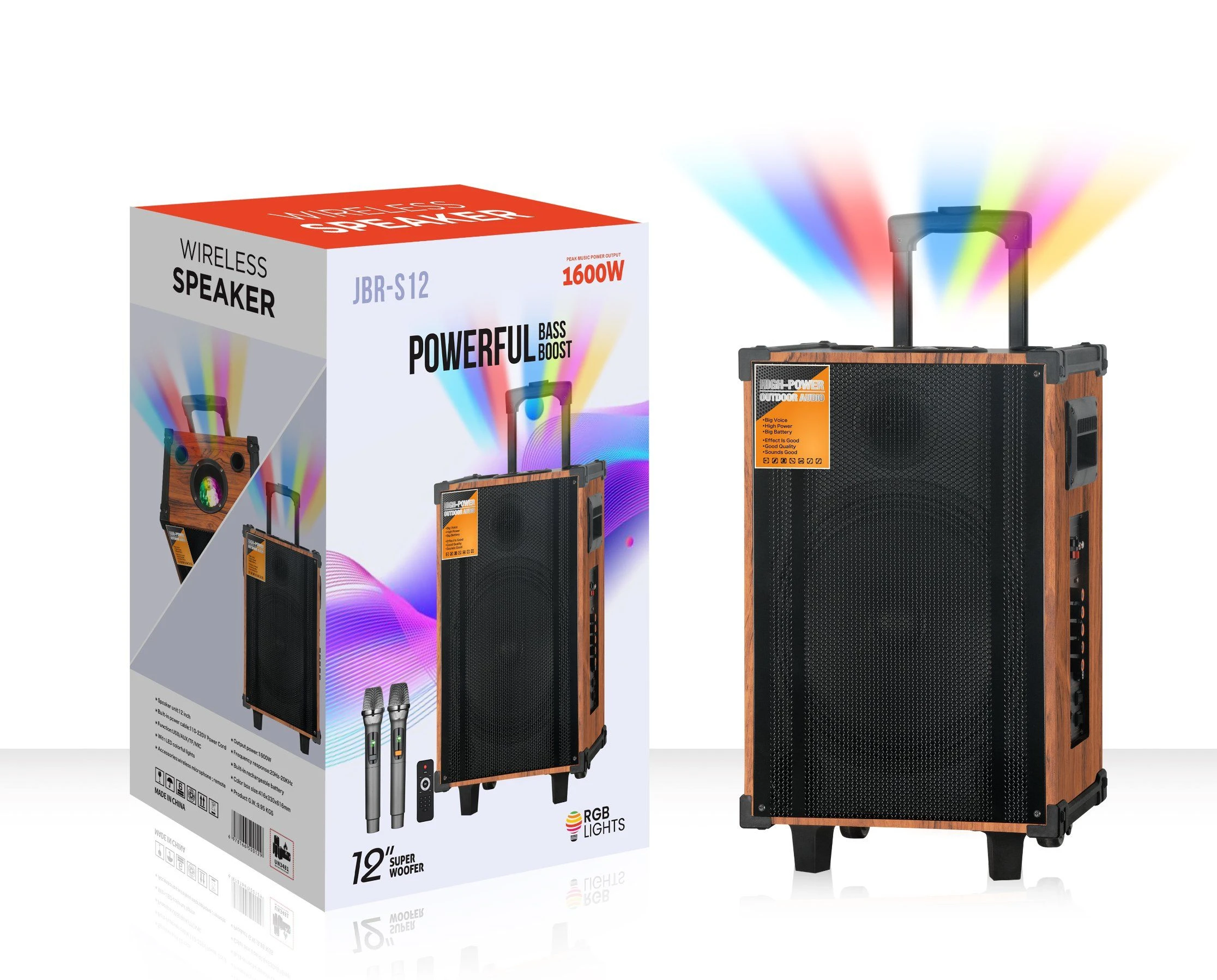 Hot Selling 12 Inch Trolley Bluetooth Speaker RGB LED Light Karaoke Party Speaker with Wireless Microphone
