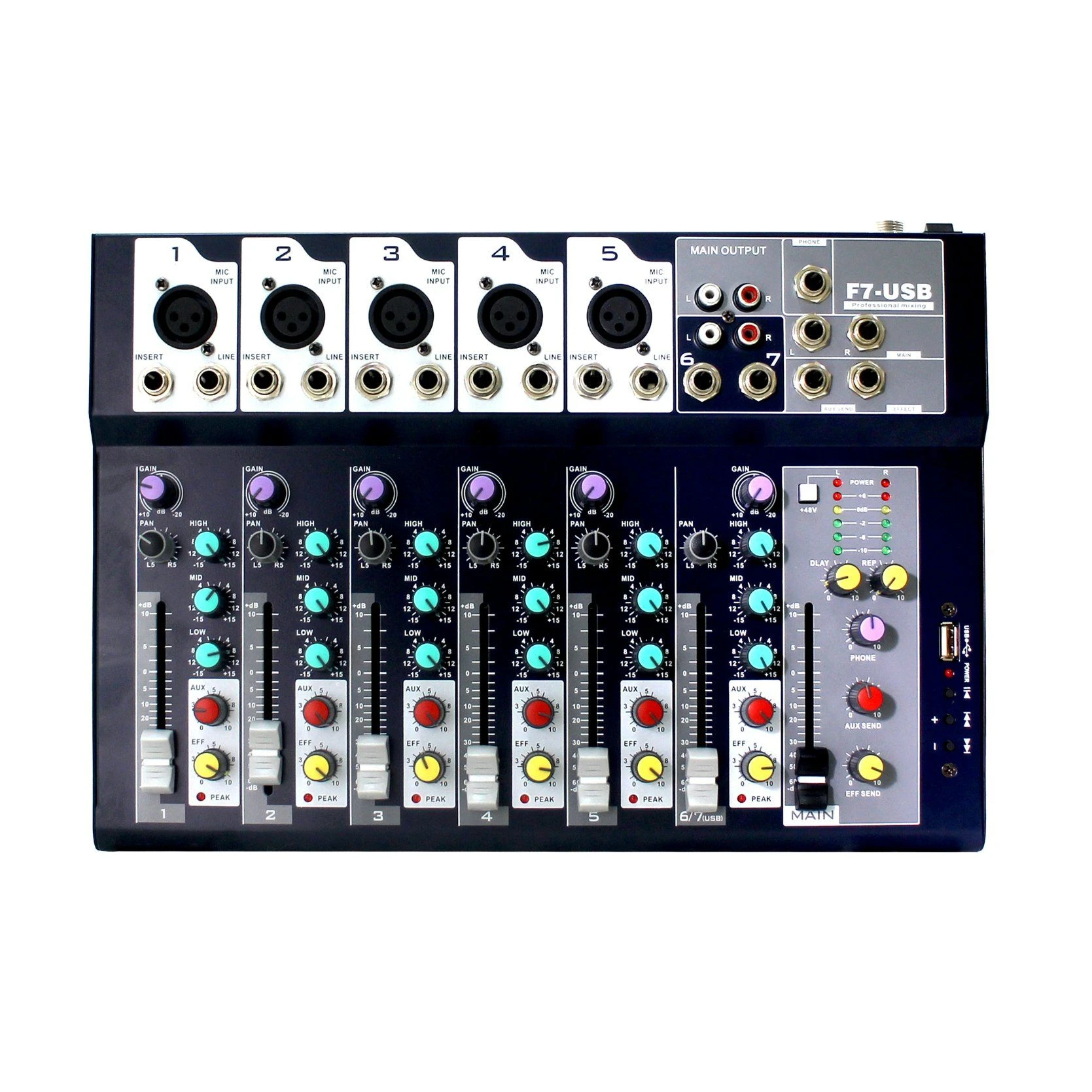 Hot Selling High Quality 7 CH Compact Audio Mixer with 3-Band Channel Equalizer Professional Audio Mixer