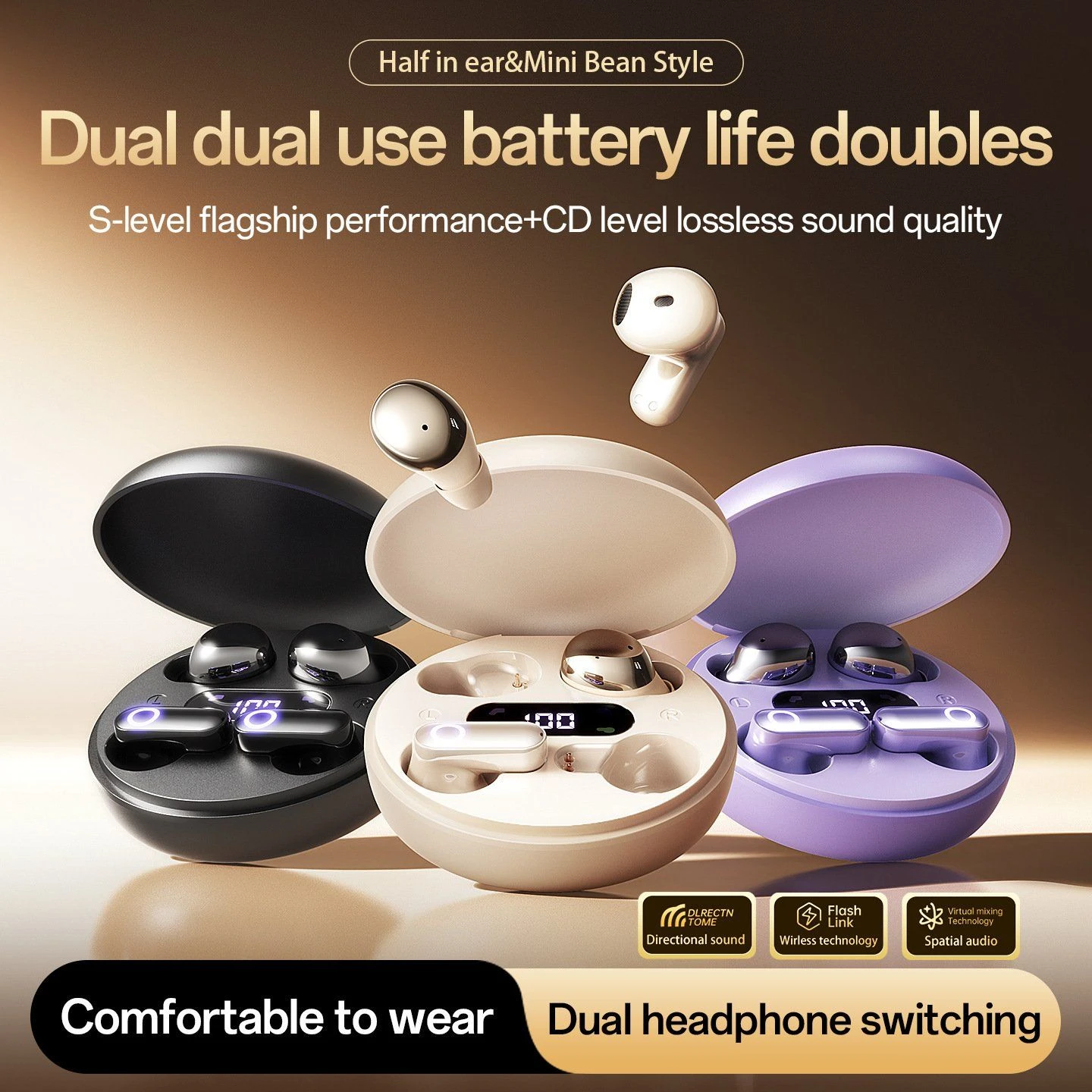 Intelligent Wireless Noise-Canceling High-Quality Half-Ear Type Long-Lasting Tws Dual-Ear Sleep Bt Earbuds Earphone