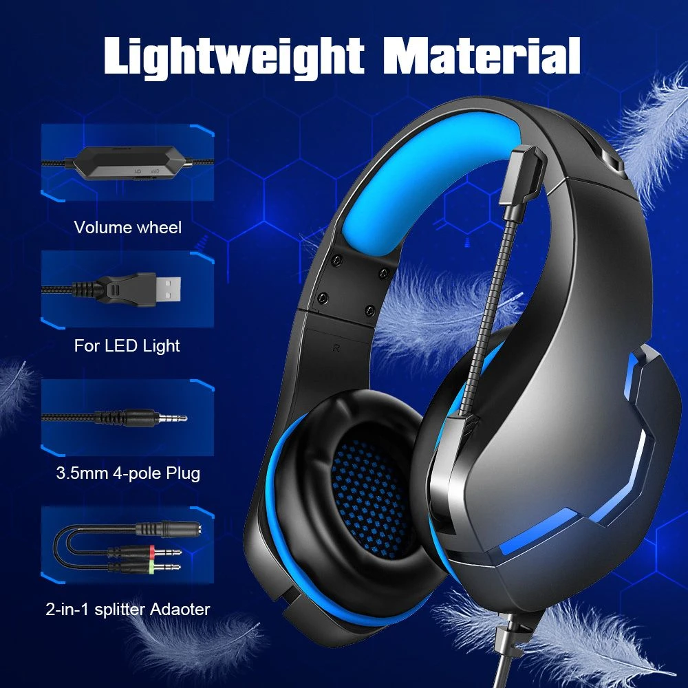 J10 Gaming Headset with Noise-Canceling Mic Stereo Surround Sound Over-Ear Headphones 3.5mm LED Headphone with Wired Adapter