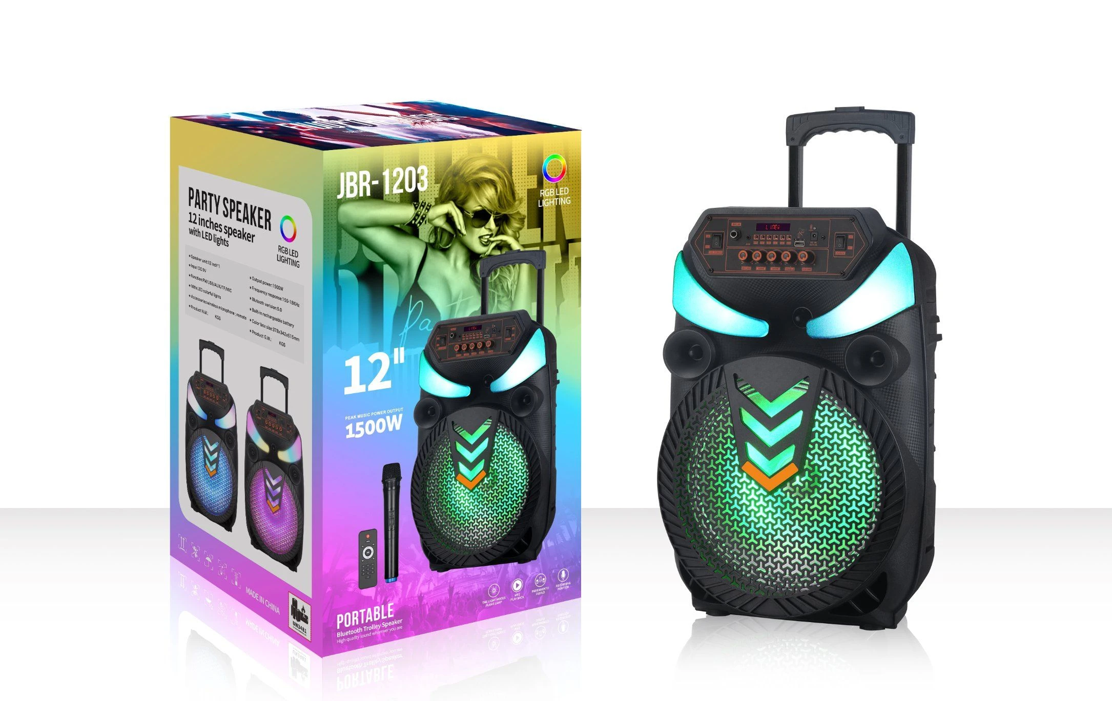 Jbr 12 Inch Portable Party Speaker with Trolley Wooden Box Outdoor Blue Tooth Speaker