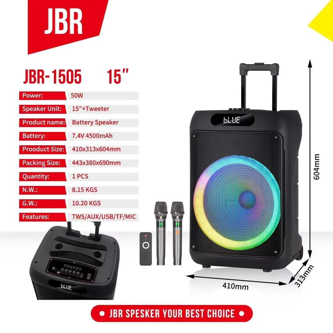 Jbr-1505 15 Inch PRO Audio Trolley Speaker with Long Battery Life, Wireless Mic, LED Show, Bluetooth Connectivity
