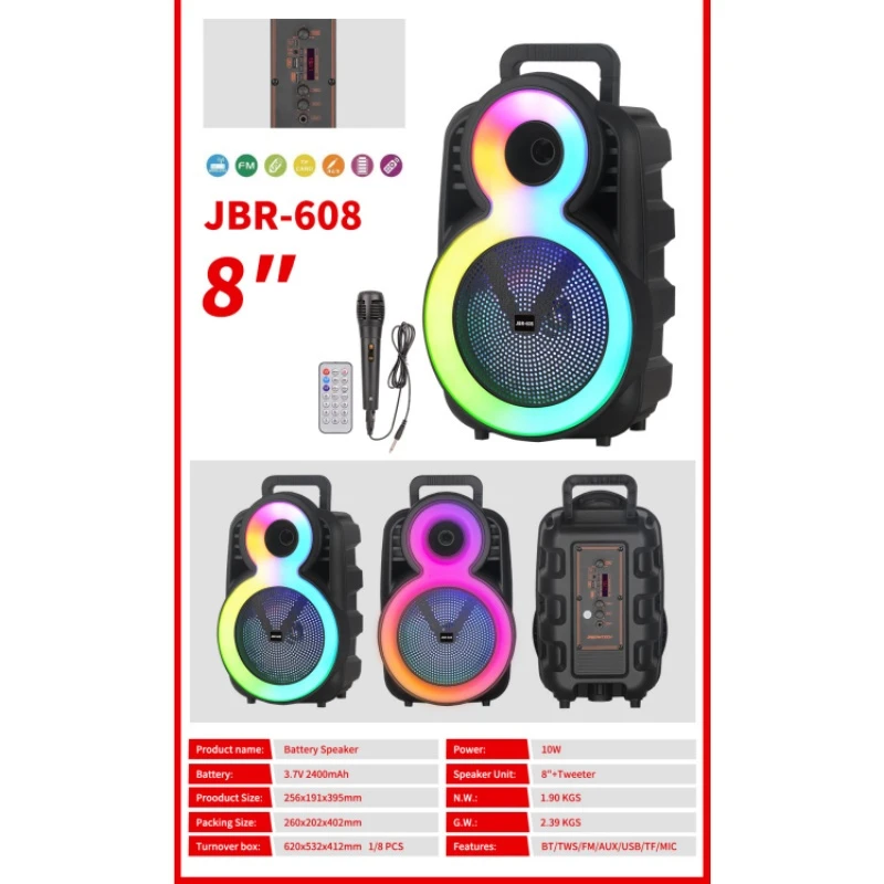 Jbr-608 Portable Party Professional Bluetooth Wireless Audio Portable Speaker with Colorful Gourd Light