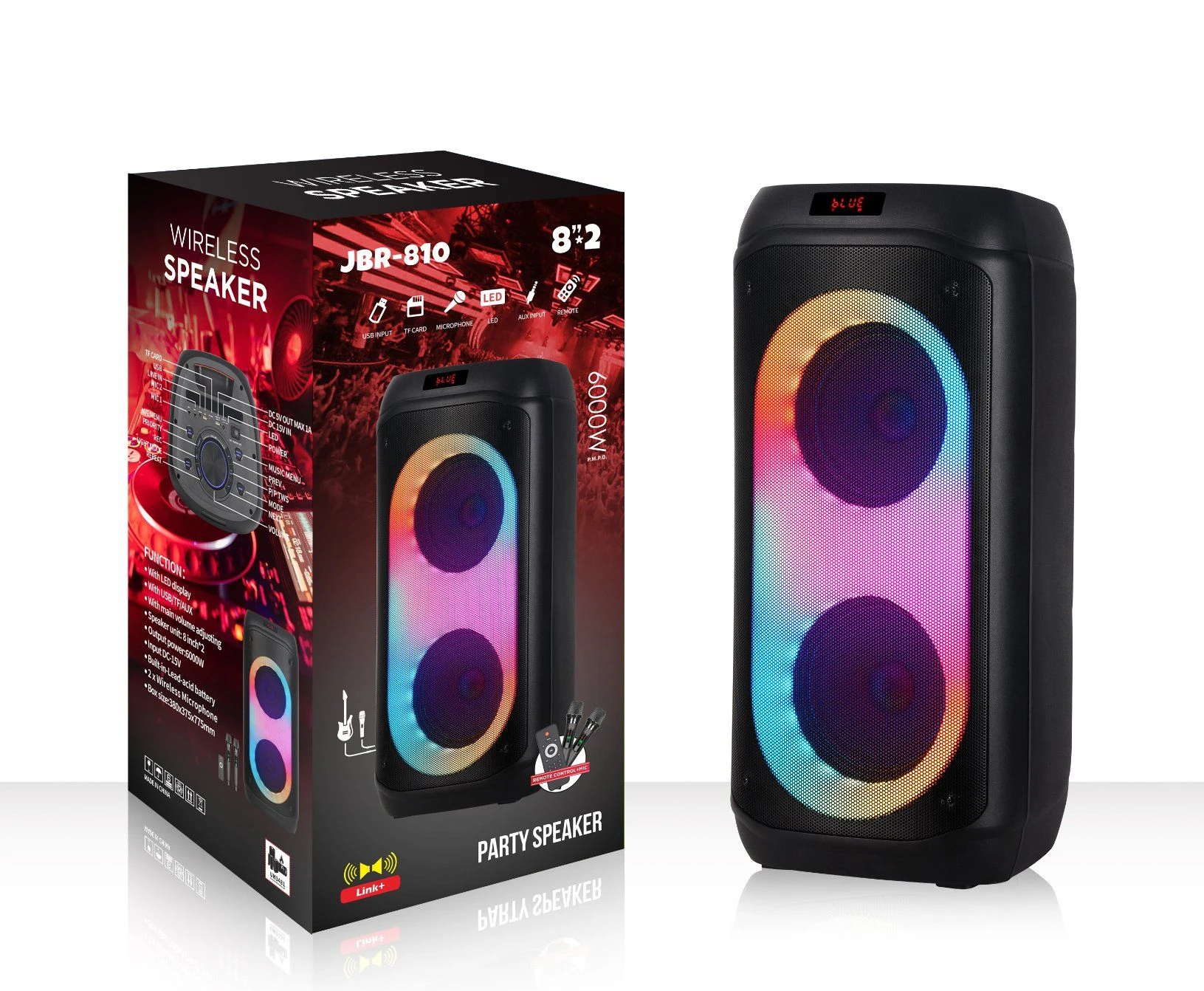 Jbr Hot HiFi Portable Powerful 60W Output Dual 8-Inch Flashing Light Show Bluetooth Speaker