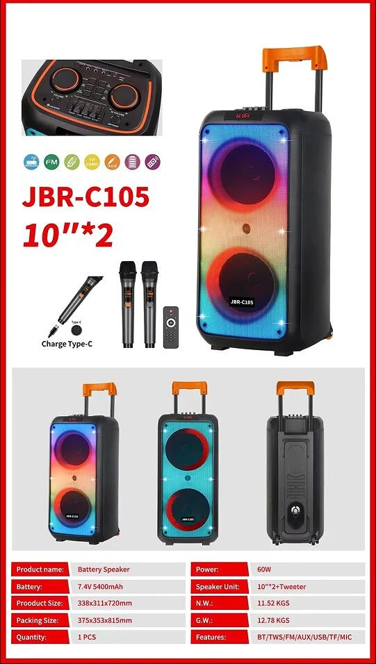 Jrb-C105 Sound Box Active Speaker Dual 10inch with Bt Tws Factory OEM