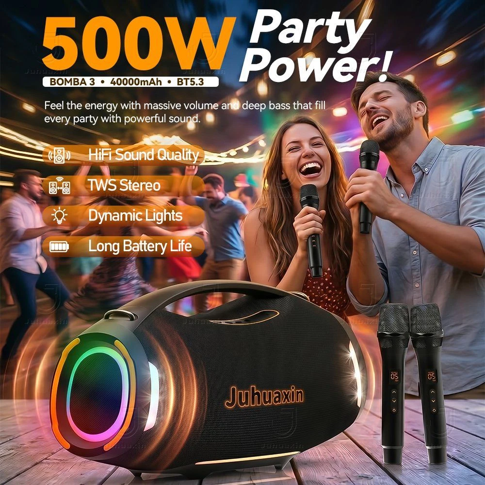 Juhuaxin Bomba 3 500W Portable Party Bluetooth Speaker with 2 Wireless Mics, 40000mAh Battery, Bt5.3, Tws Stereo, Dynamic LED Lights, HiFi Deep Bass