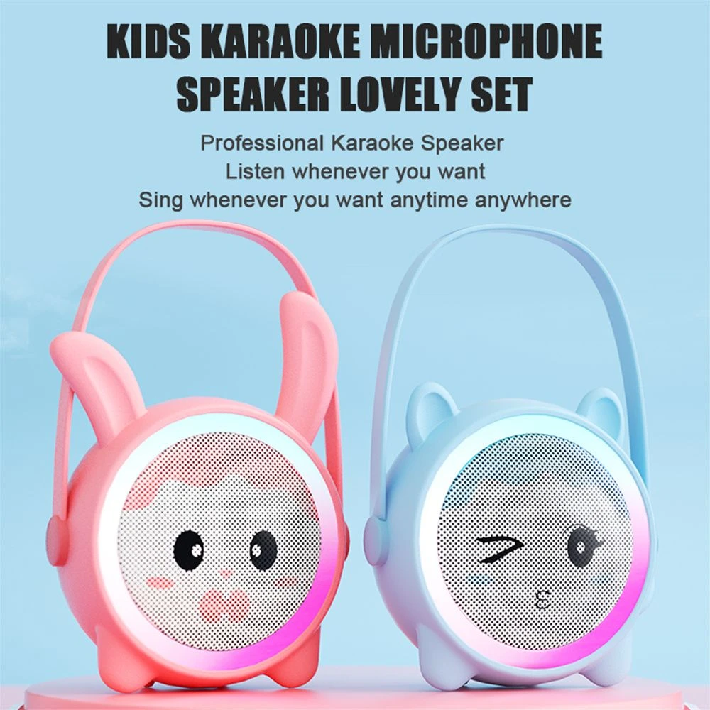 K12 Wireless Karaoke Speaker for Kids RGB 2 Wireless Microphones Portable Cute Cartoon Design Rechargeable Party Audio Bt
