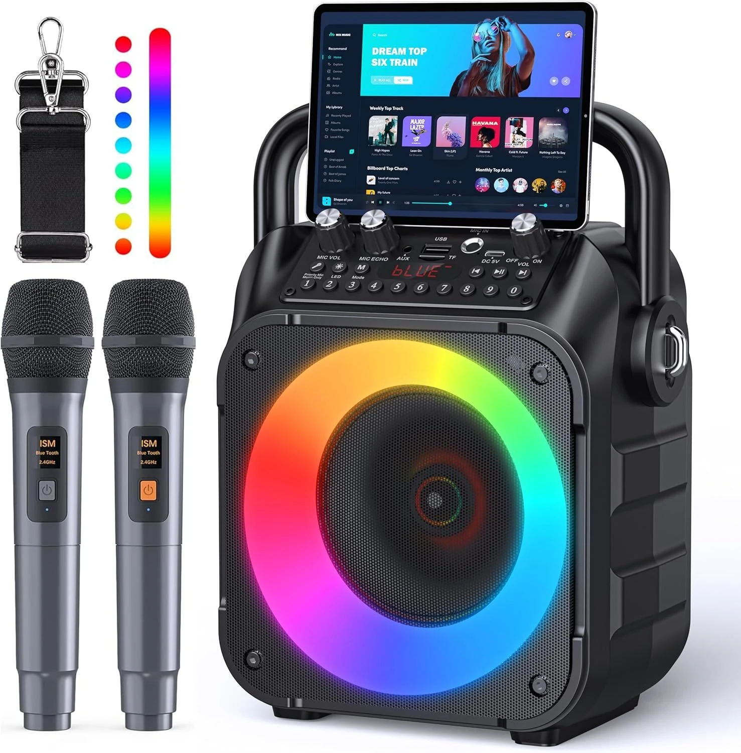 Karaoke Machine, Portable Bluetooth Speaker with 2 Wireless Microphones for Adults & Kids with Lights, Karaoke Microphone