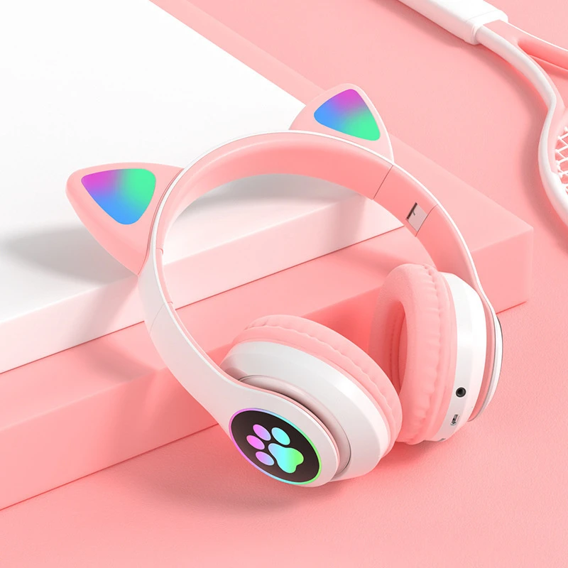 LED Cat Ear Noise Canceling Headphones Bluetooth 5.0 Kids Headset Support TF Card 3.5mm Plug with Mic Comfortable Wearing Fold