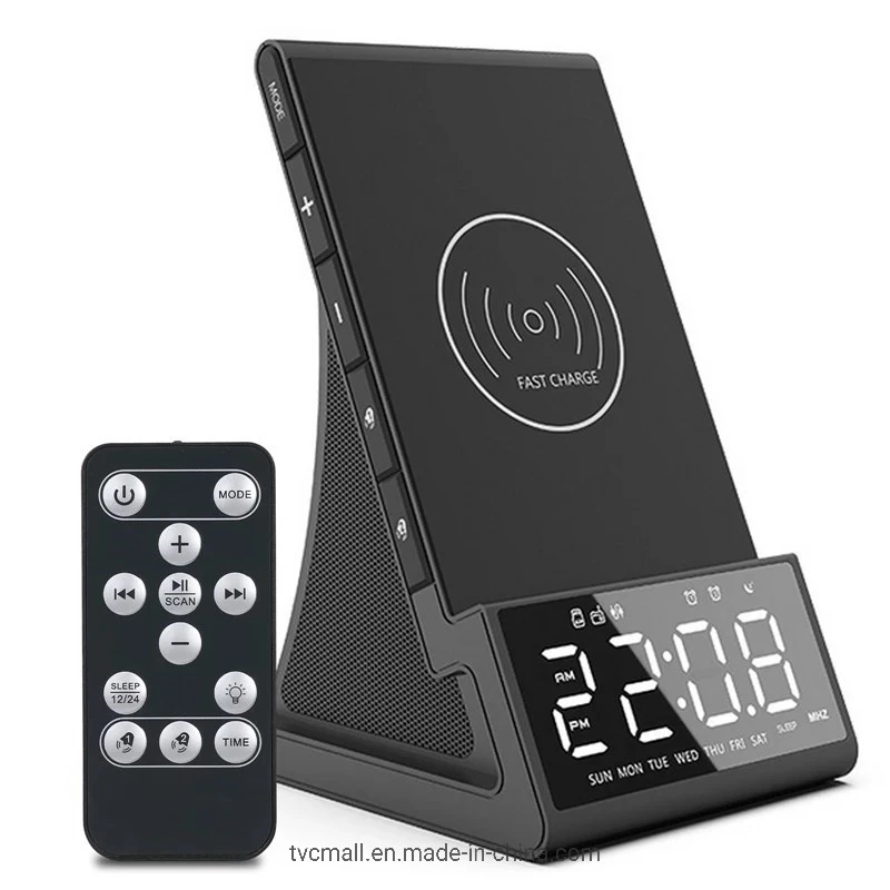 LED Display 10W Bedside FM Radio Alarm Clock Bluetooth Speaker with Qi Wireless Charging Phone Charger