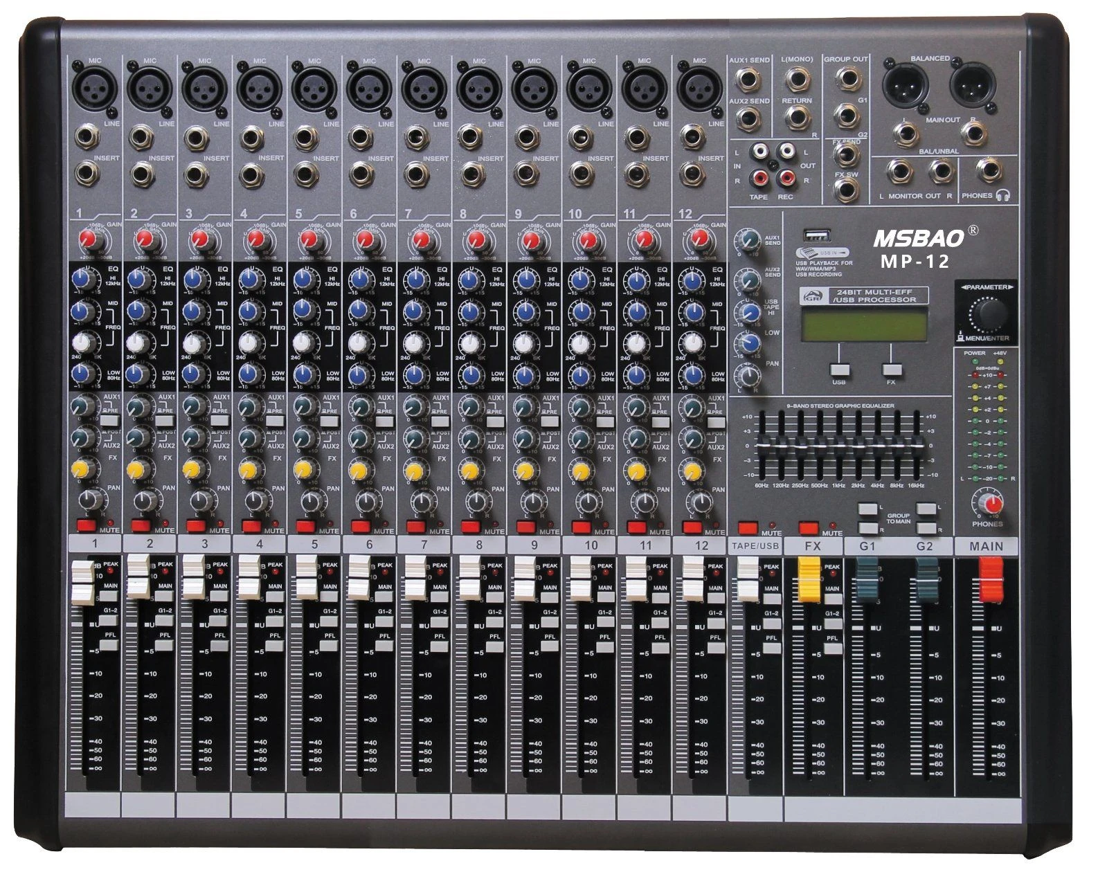 Low-Noise High-Dynamic Professional 12-Channel 2-Bus Audio Mixer