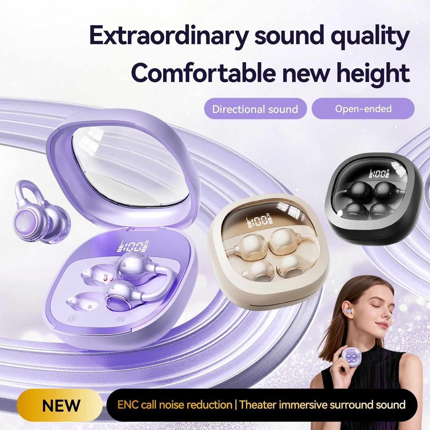 M163 Clip-on Open Ear Tws Wireless Earbuds Anc Noise Canceling Digital Display Dynamic Driver HiFi Stereo Earphones
