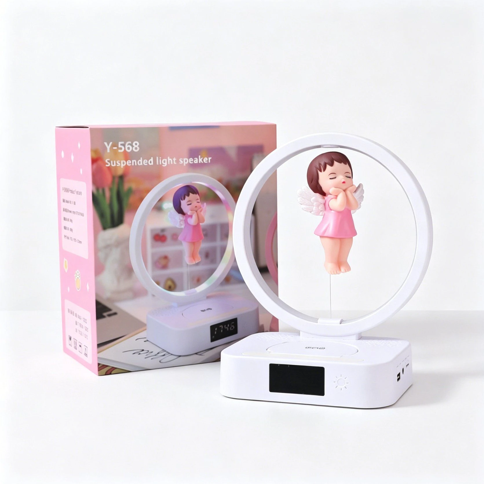 Magnetic Levitation Wireless Charging Bluetooth Speaker with Angel Clock Alarm for Nightstand