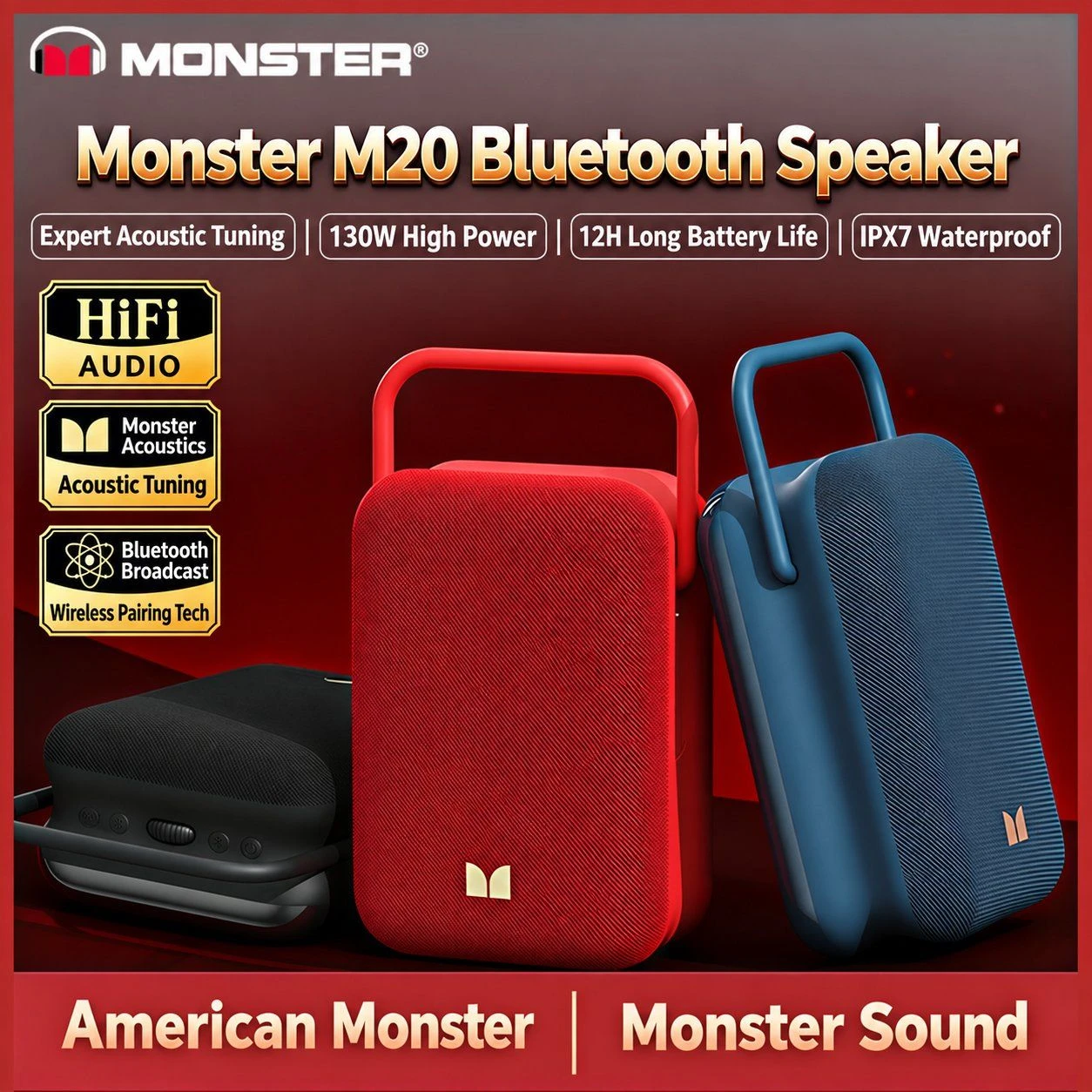 Monster M20 Wireless Bluetooth Speaker Portable Outdoor Sports Boombox Powerful Bass Loud Volume Long Battery Life