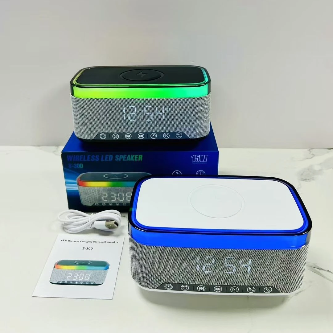 Multifunctional G-Shape Fast Wireless Charger RGB LED Light Night Lamp Speaker Charging LCD Alarm Clock colorful with Lamp