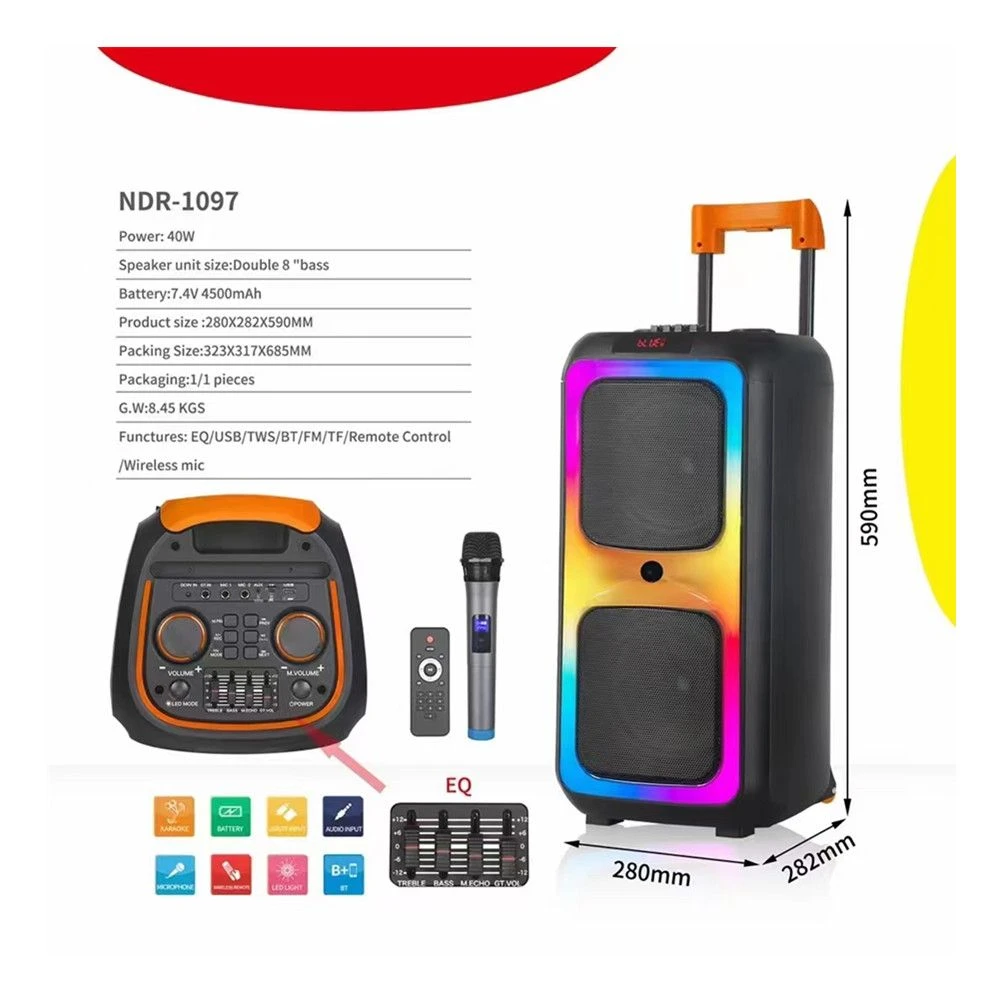 Ndr-1097 Dual 8-Inch Portable Speaker with Built-in Batterie