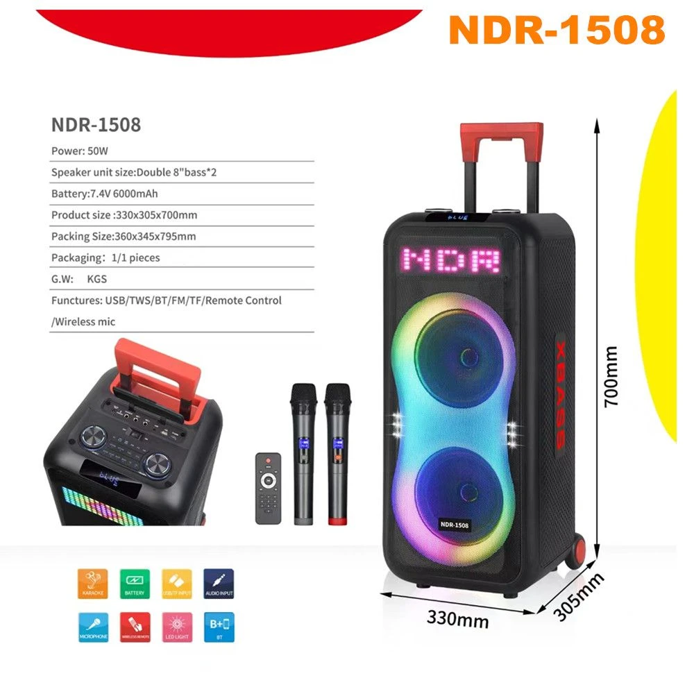 Ndr-1508 Dual 8 “Bluetooth Party Portable Speaker with Dual Wireless Microphones