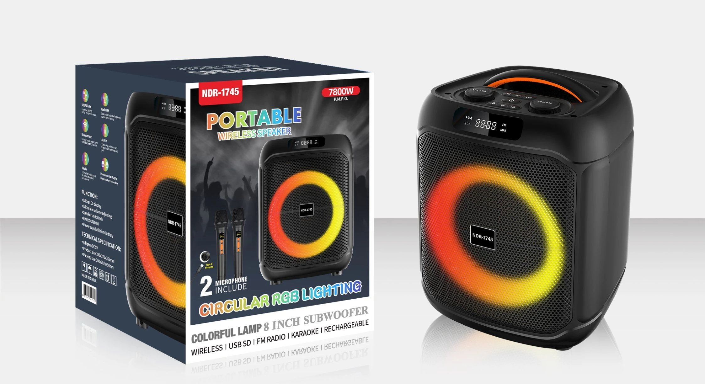 Ndr-1745 Hot Selling Portable Colorful Wireless Sound Bass Karaoke Partybox Speaker