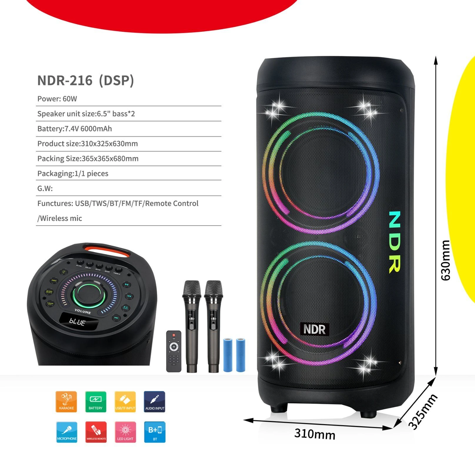 Ndr-216 Dual 6.5-Inch Hot-Selling Portable Speaker with DSP Factory OEM Stock