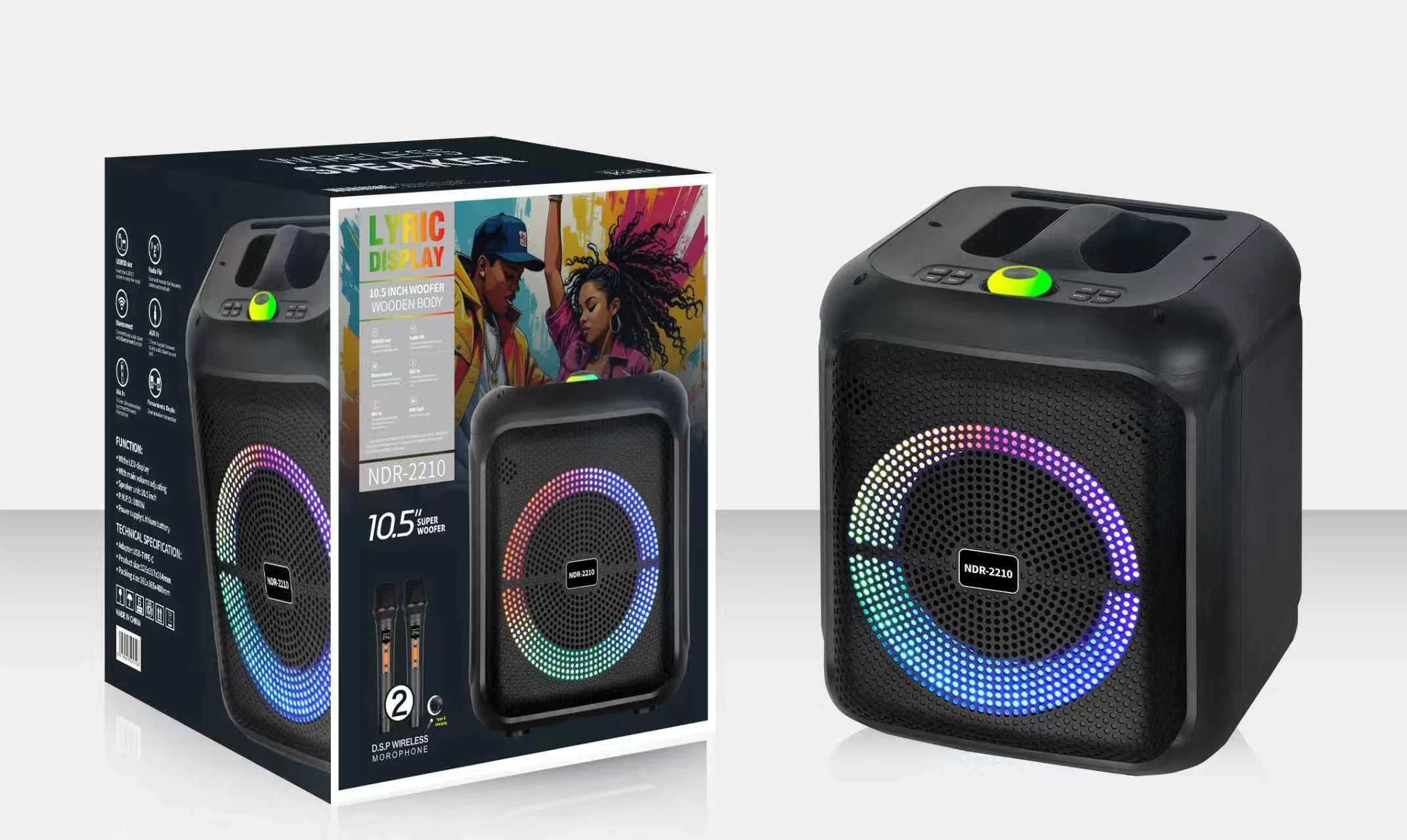 Ndr-2210 20W Bluetooth/Portable/Speaker with Wireless Microphone and Built-in Battery