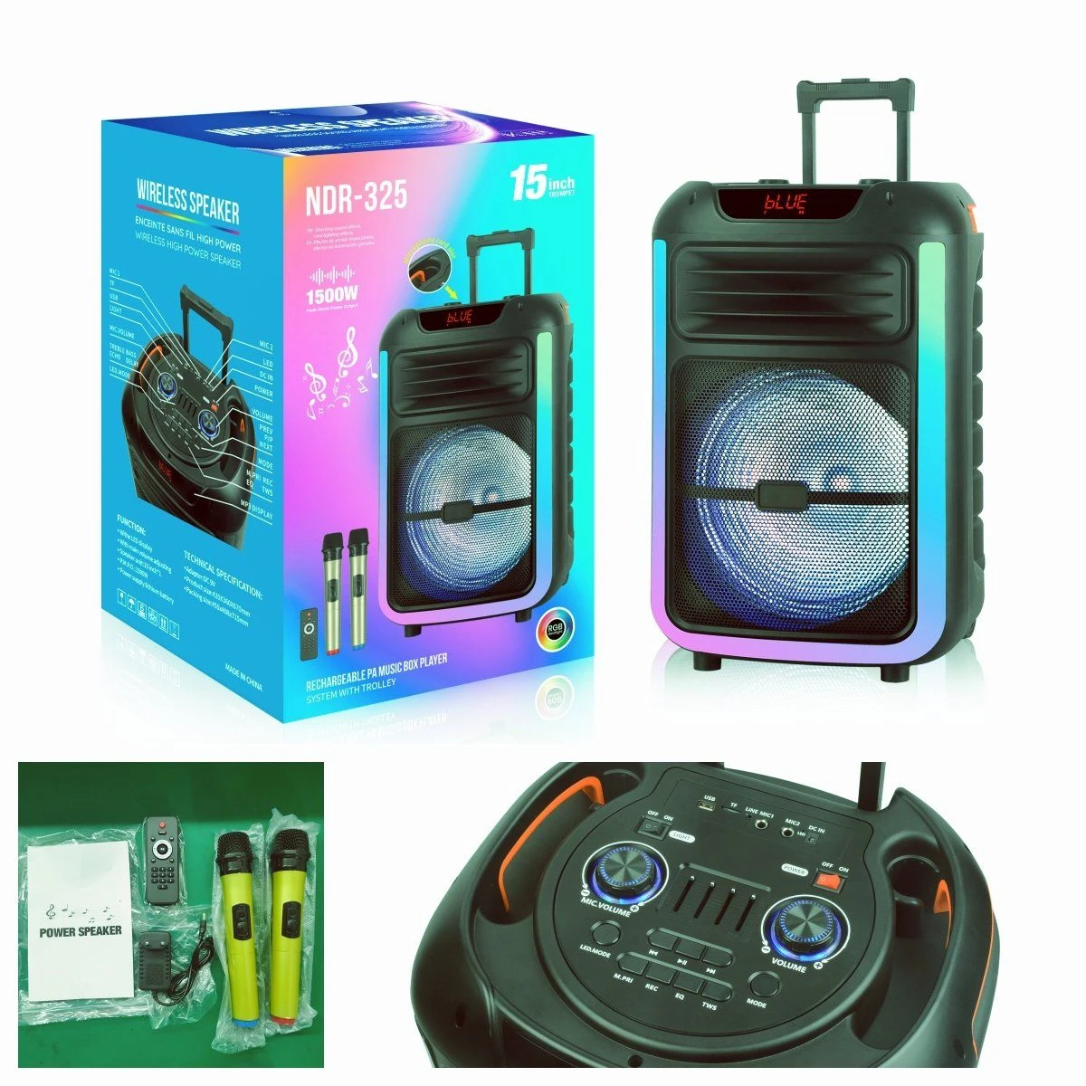 Ndr-325 Big Power RMS40W 15inch USB Digital Music Angel Portable Speaker