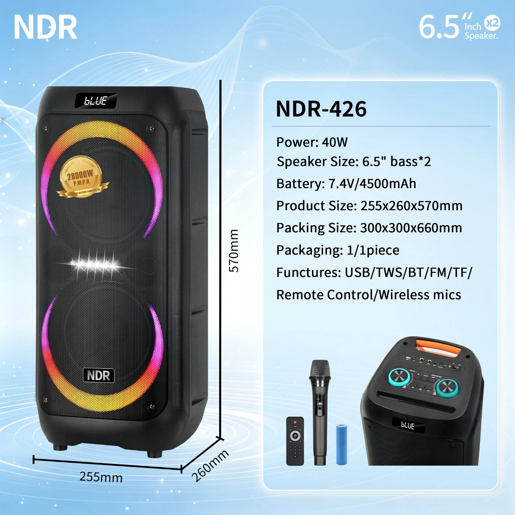 Ndr-426 Portable Trolley Bluetooth Speaker RGB LED Light Karaoke Speaker Wireless Mic USB TF Outdoor Party Boombox