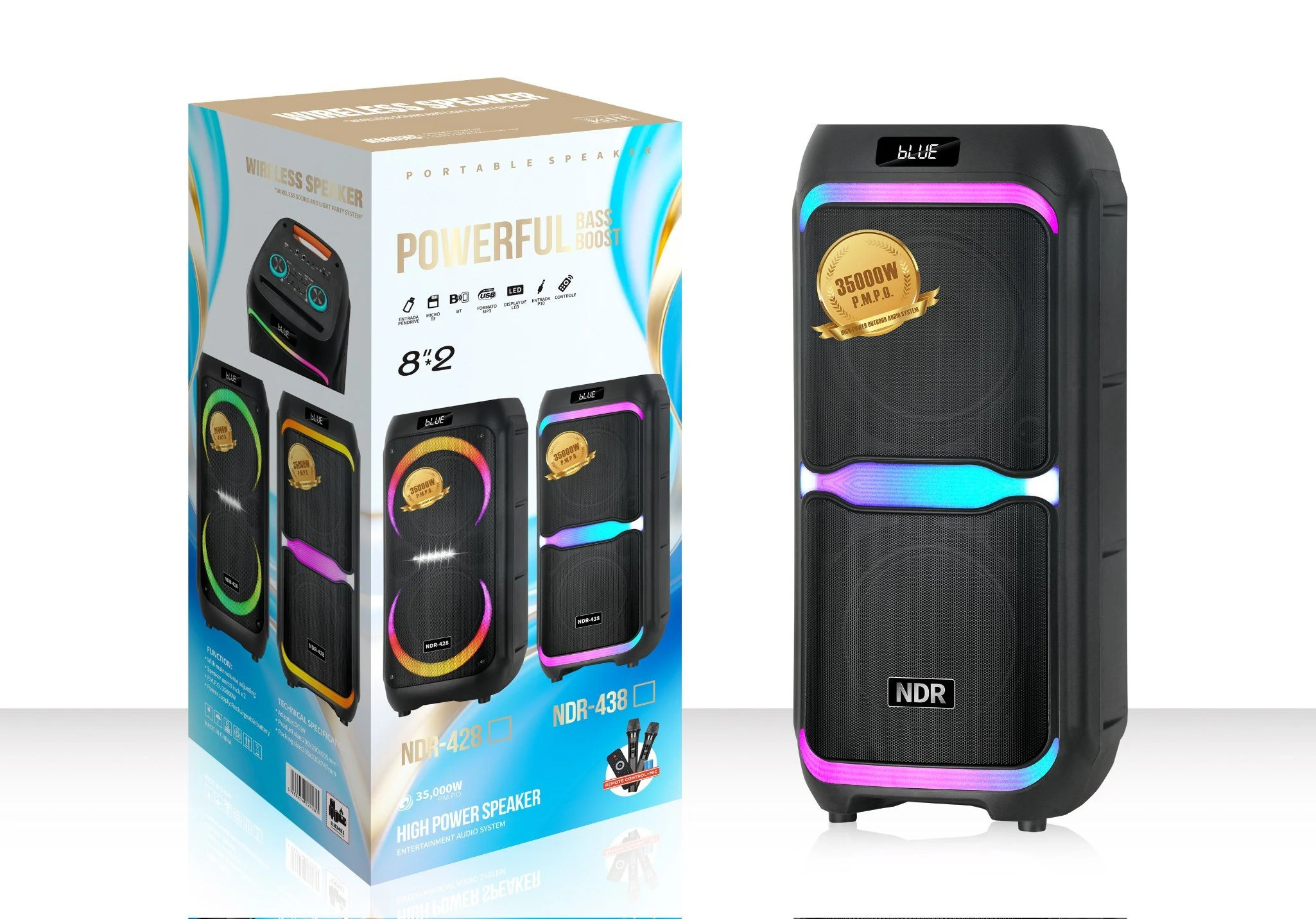 Ndr-438 Party Box Double 8 Inch Trolley Bass Sound Speaker Wireless Bluetooth DJ Party Speaker with DSP