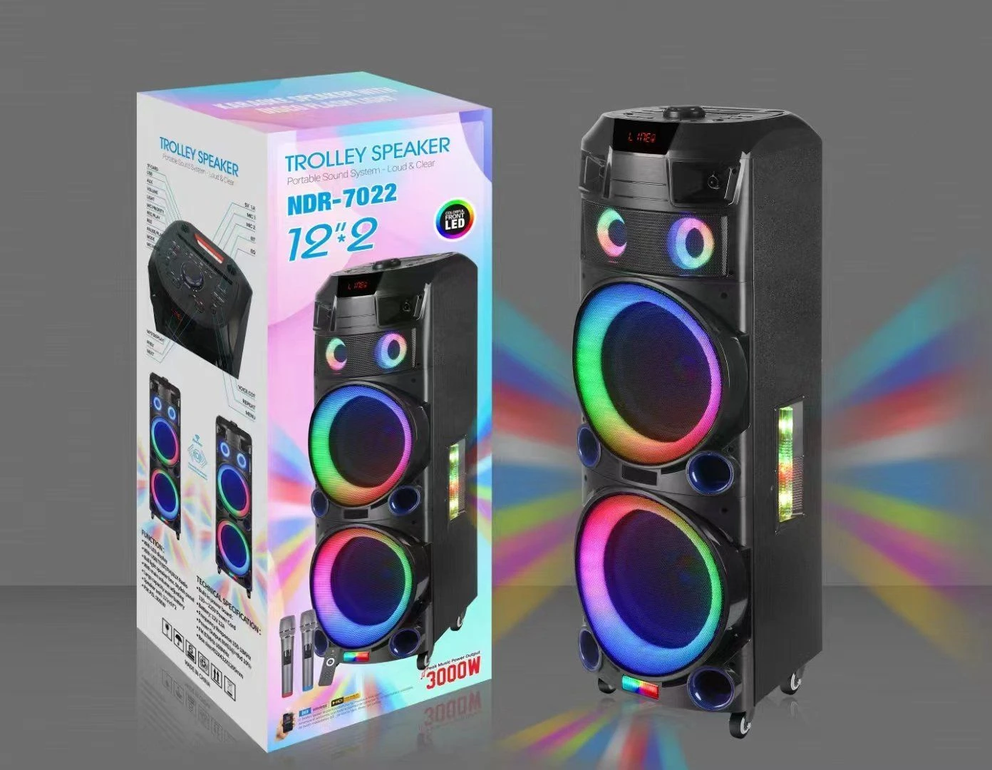 Ndr-7022 100W Dual 12-Inch High Power Party Speaker with LED Light Built-in Battery