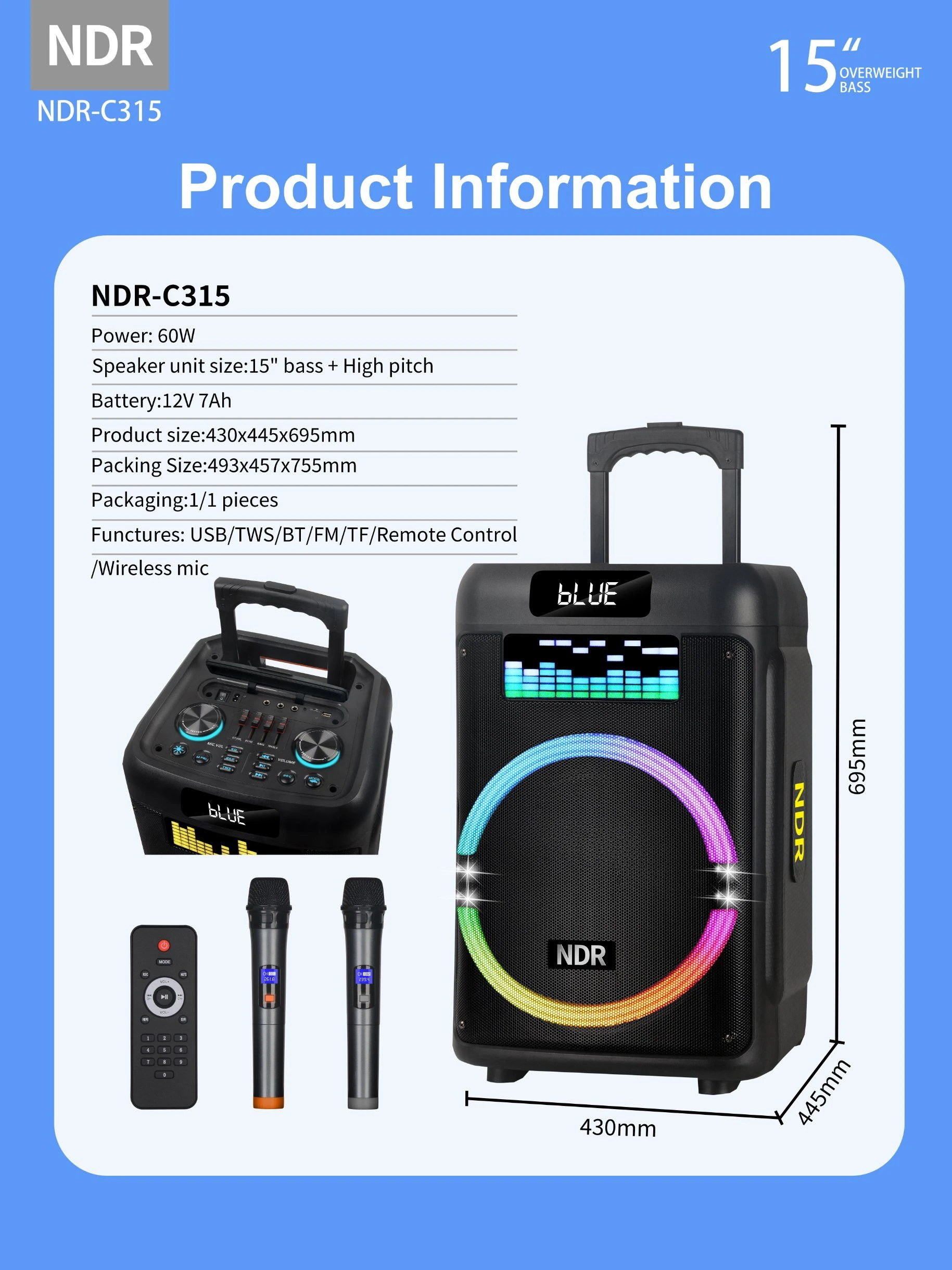 Ndr-C315 15inch Bestselling Wireless Bluetooth Speaker OEM Stocks