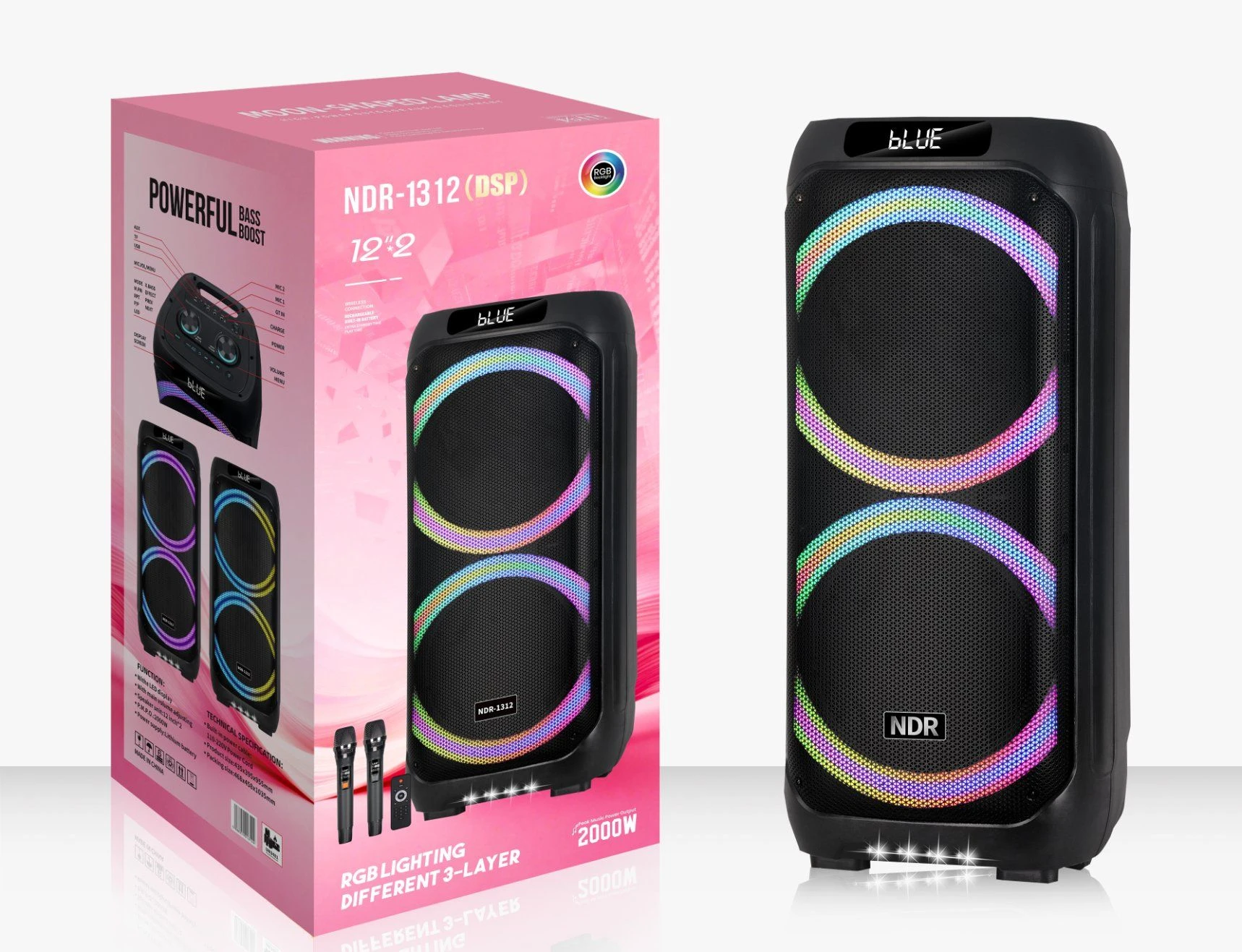 Ndr Latest PA Dual 12 Inch Outdoor Portable Bt Audio with DSP Wireless Rechargeable DJ Karaoke Party Speaker