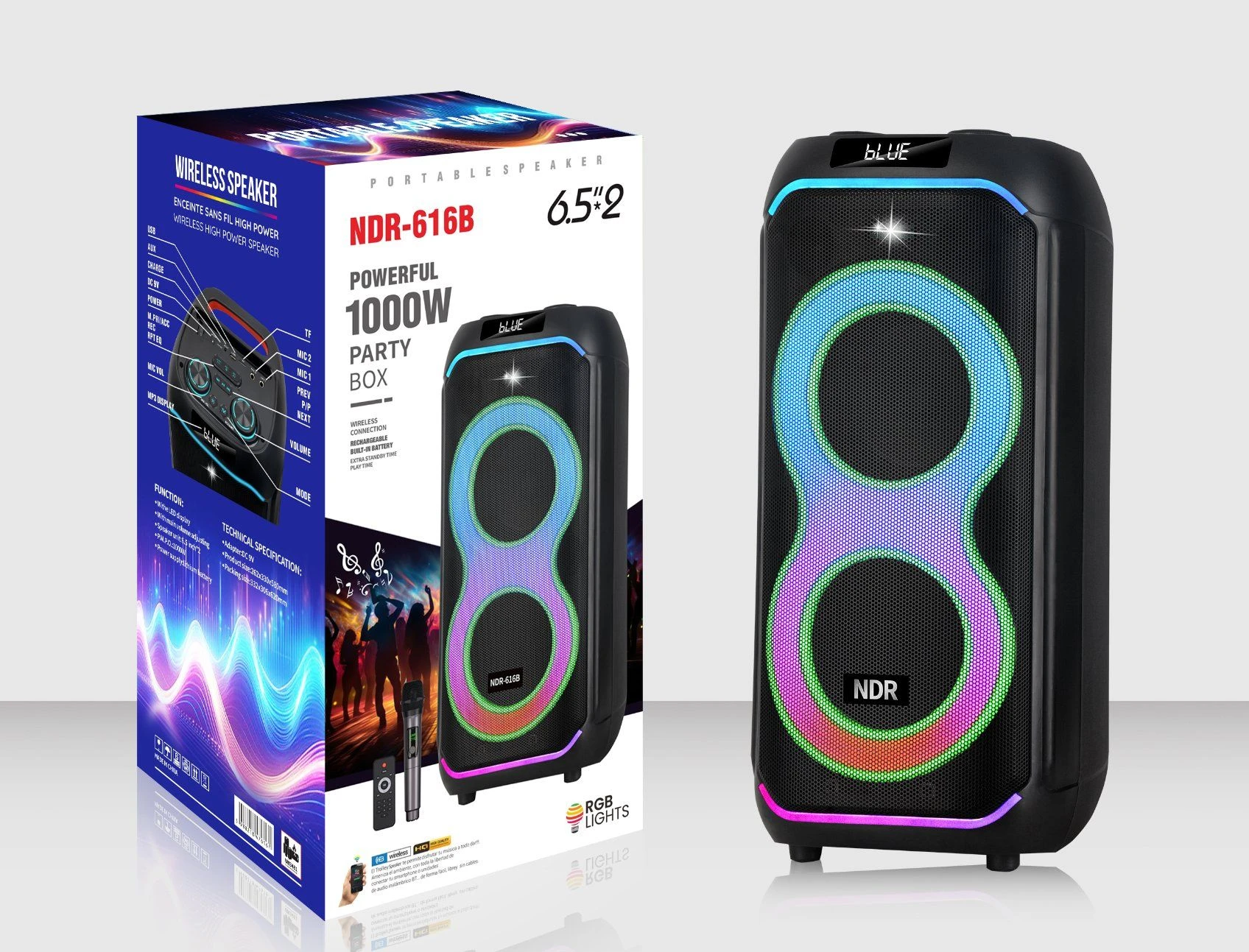 Ndr Portable Bluetooth Speaker with Microphone, Handheld Loud Speaker with LED Lights