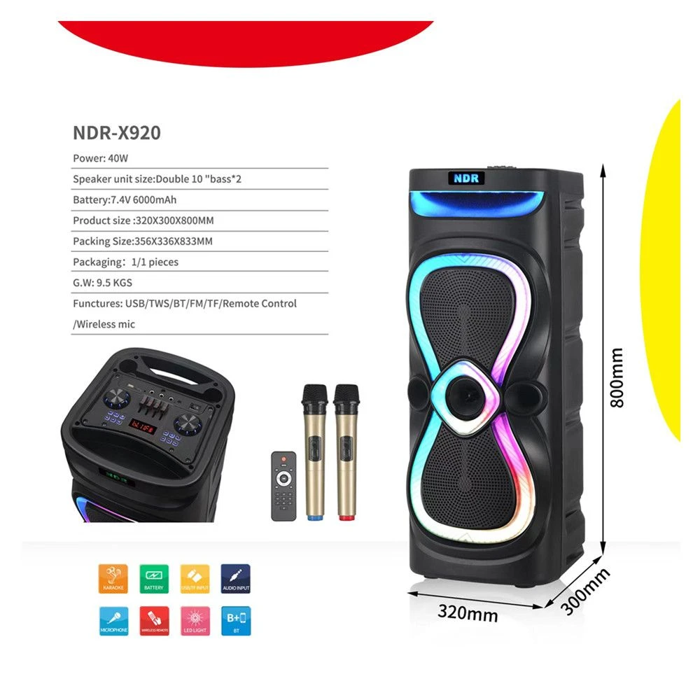 Ndr-X920 Double 10 “Karaoke Party Speakers with LED Lights