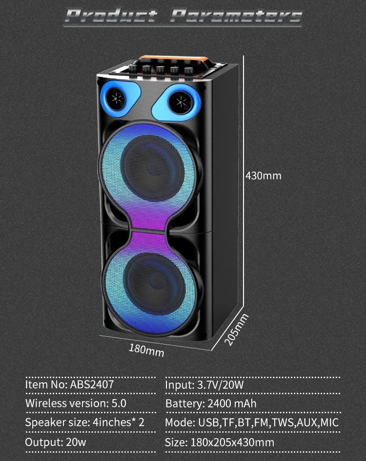 New Arrival ABS-2407 Bluetooth Speaker Portable RGB Light for Outdoor & Indoor Use