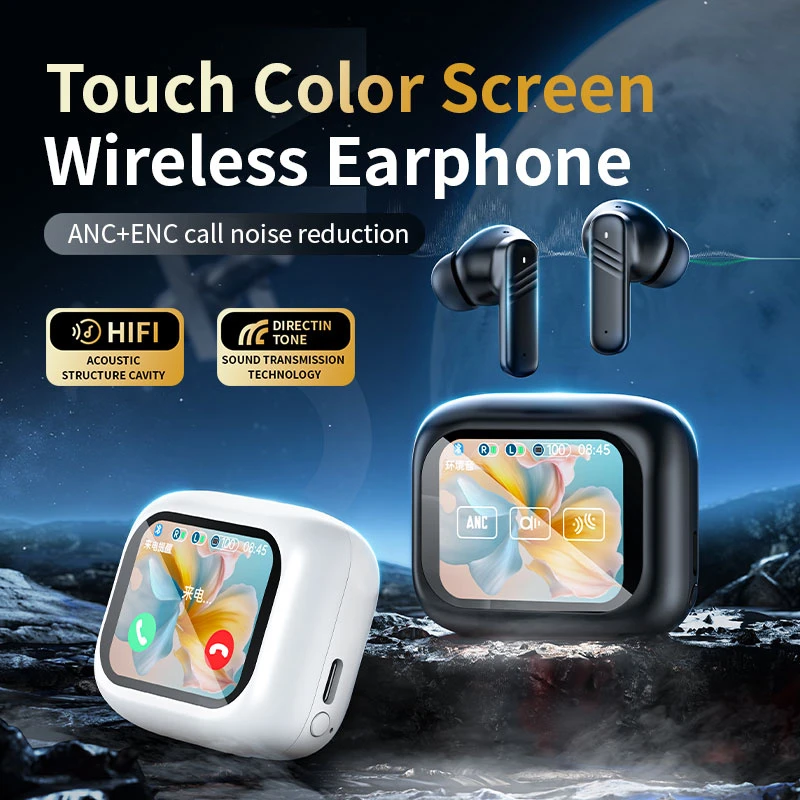 New Design Bt5.4 Anc Enc Tws Earphone with Digital LCD Touch Control Screen Wireless in-Ear Headphones