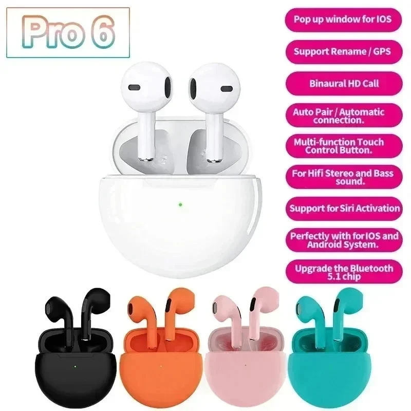 New Original PRO 6 Tws Wireless Headphones Fone Bluetooth Earphones Mic Pods in Ear Earbuds Earbuds Sport Headset