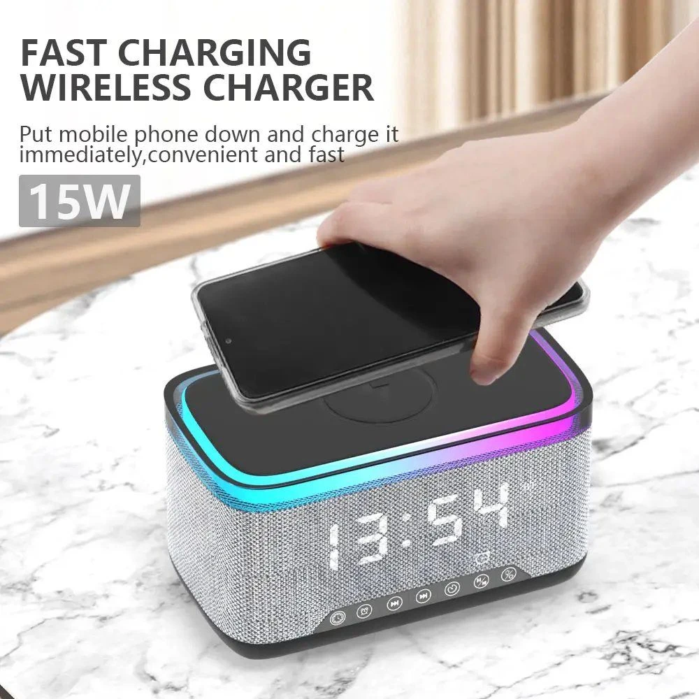 New Product Alarm Clock 15W Wireless Charger Speaker with Colorful Night Light Wireless White Noise Sound Mobile Phone Charger