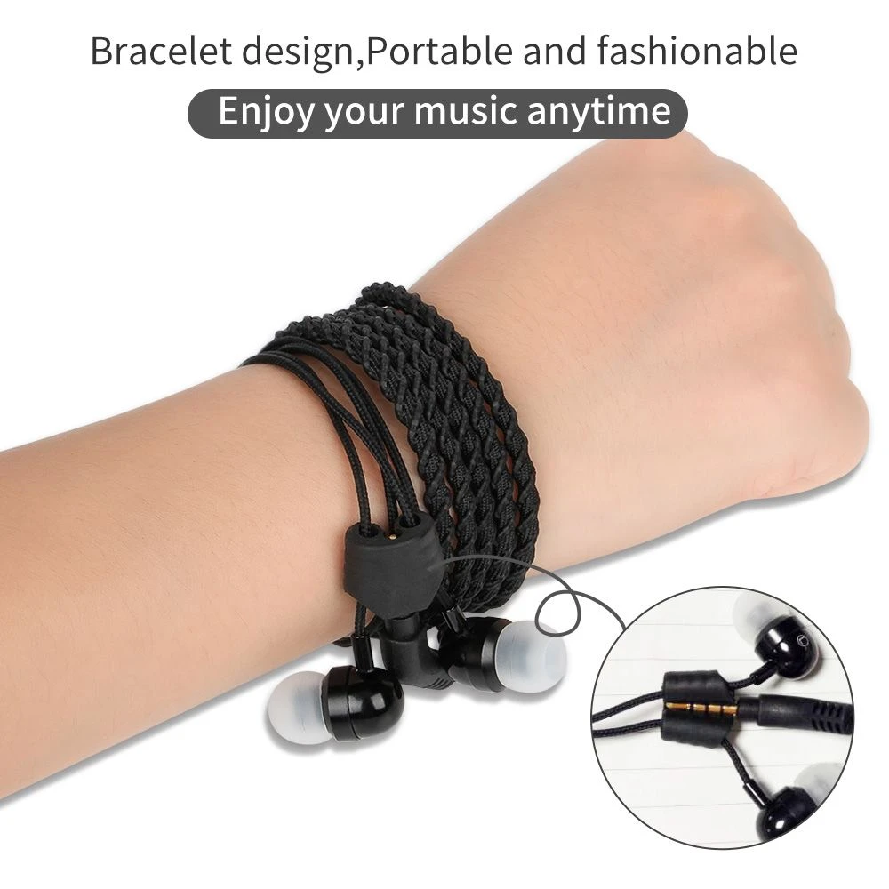 New in Ear Mobile Wristband Earphone Earbuds with Mic Fabric Braided Bracelet Headphone