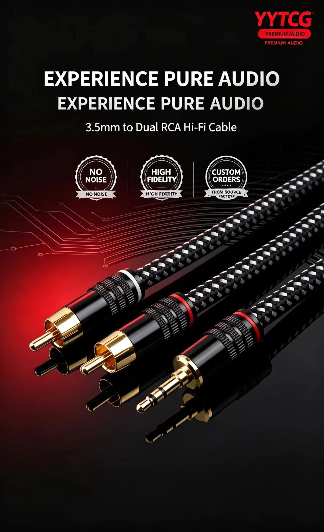 Noise Free High Fidelity Stereo Cable 3.5mm Male Aux to Two Male RCA Wire for Studio Recording Speaker Audio Equipment